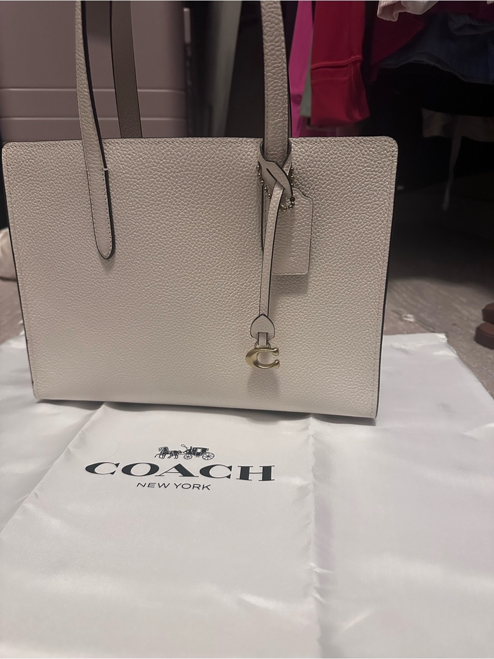 Coach White Pebble Leather Tote with Gold Charm